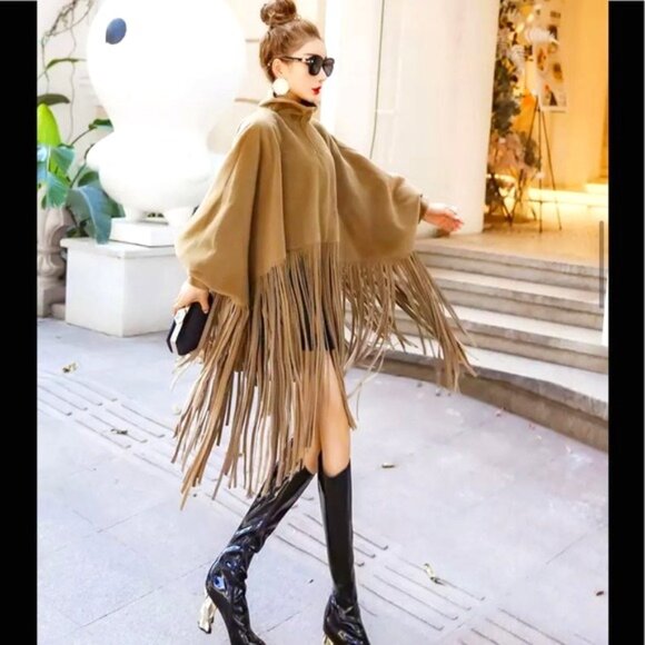 Chic Fringe Turtleneck Poncho Dress - Picture 5 of 5